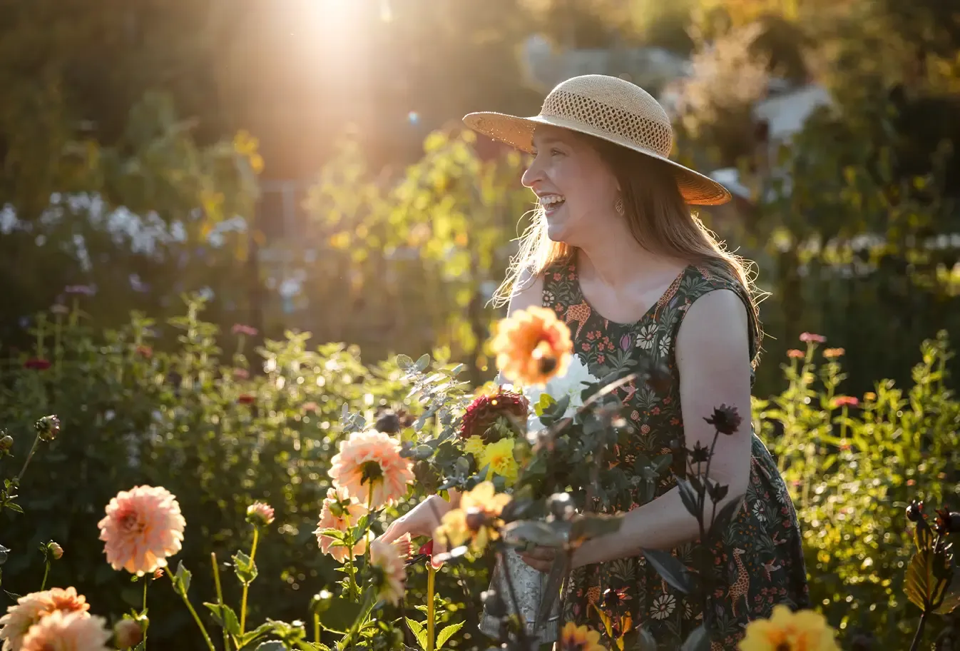 Guests picking flowers during a public session at Mountain River Flower Patch